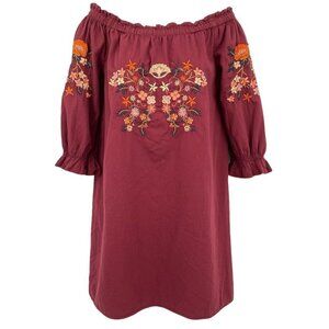 Justify Womens Burgundy Floral Embroidered Balloon Sleeve Tunic Top M Peasant